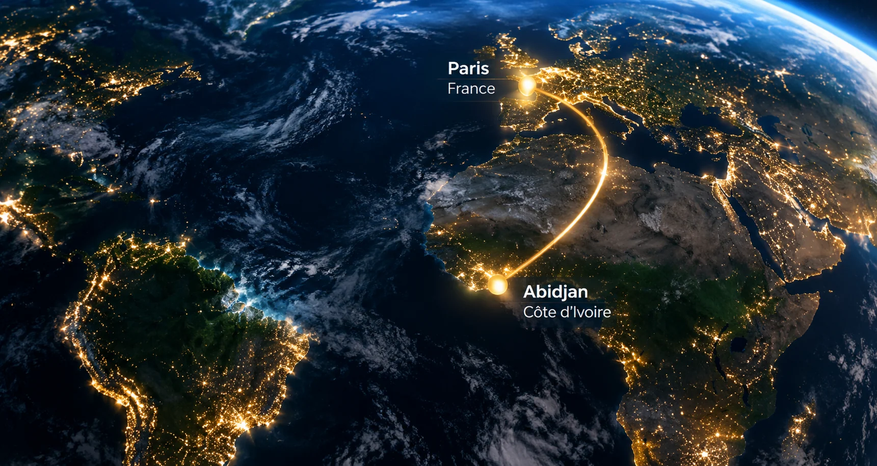 Vue de la Terre de nuit : un arc lumineux relie Paris (France) et Abidjan (Côte d'Ivoire)